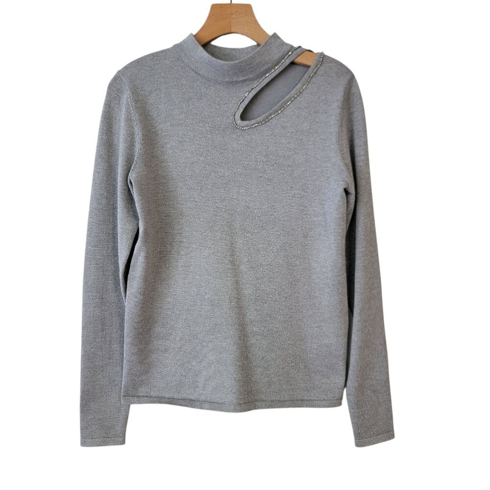 LoveTrend Sweater Metallic Silver Gray Women’s Sz L Long Sleeve Rhinestones
